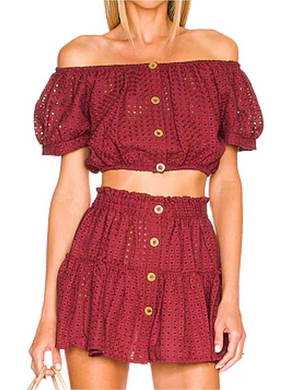 eberjey Harper top with matching mini skirt on brick color.